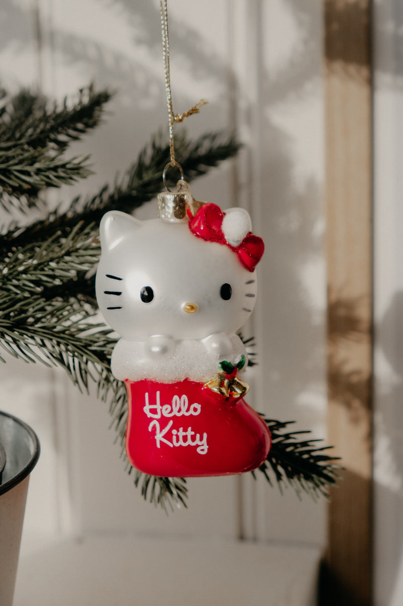 Hello Kitty Stocking Metallic and Glitter Glass Christmas Tree Bauble Ornament