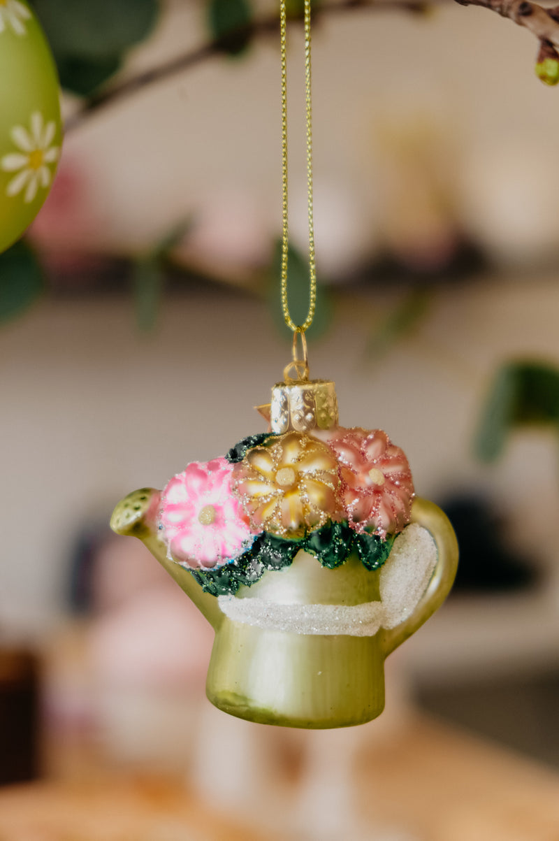 Flower Watering Can Glass Easter Decor Ornament