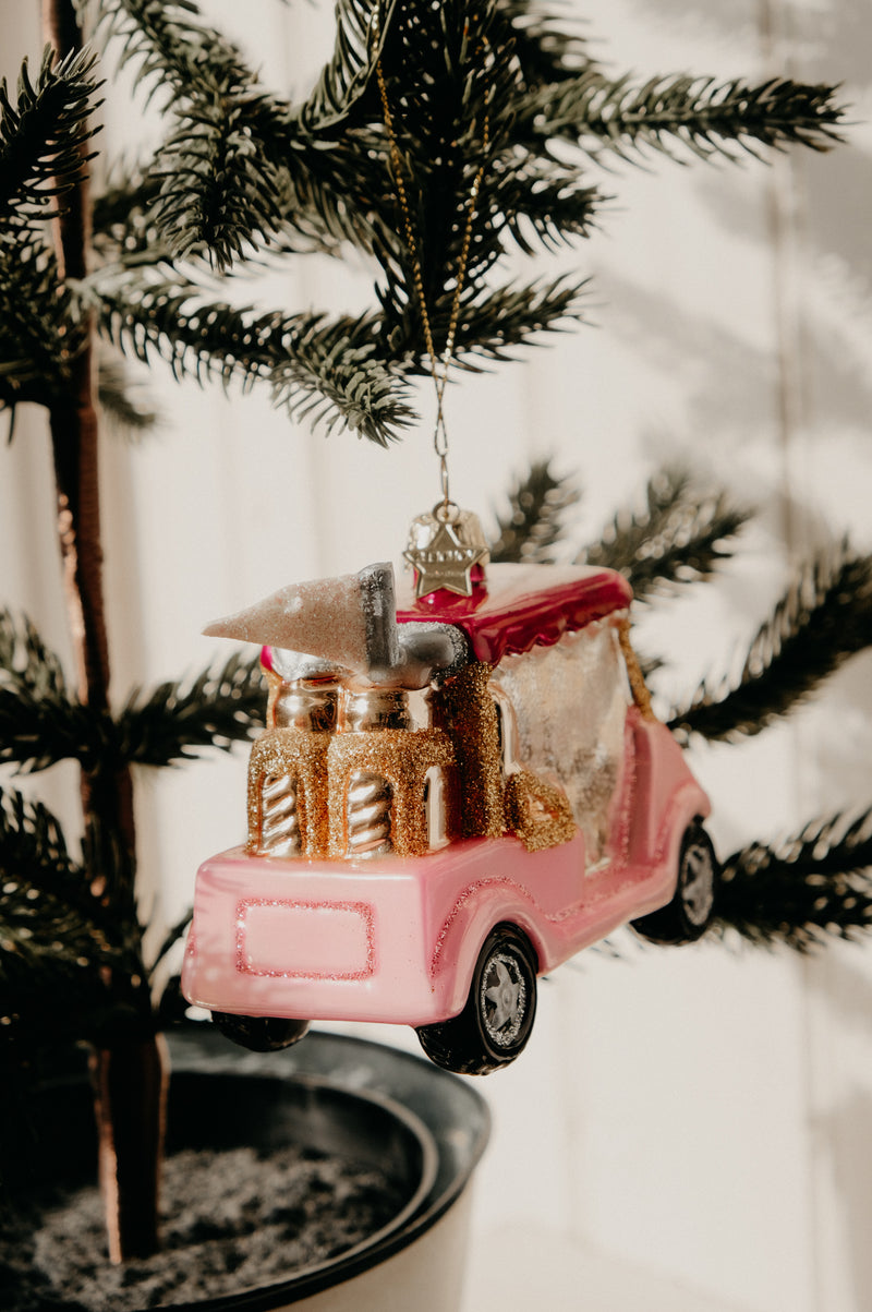 Sabrina Pink Glass Golf Cart Glitter Christmas Bauble Ornament