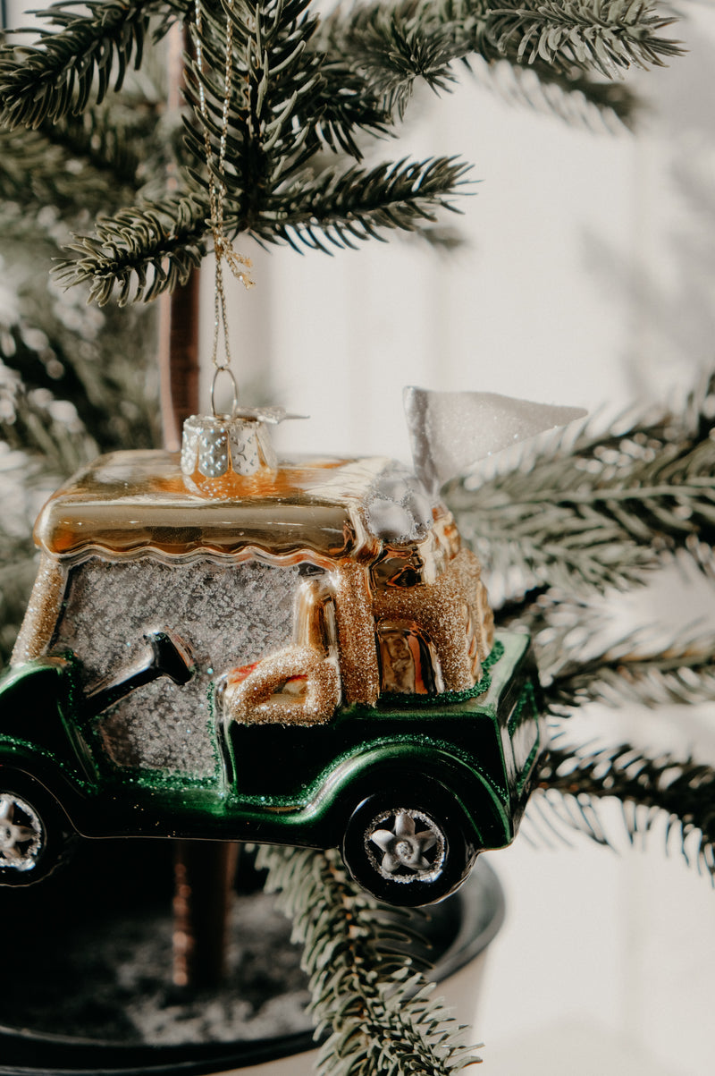 Sabrina Green Glass Golf Cart Glitter Christmas Bauble Ornament