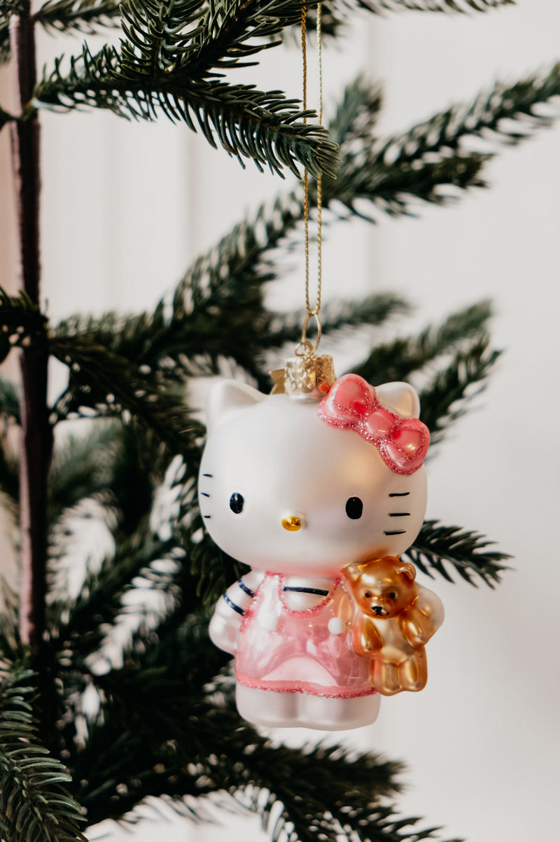 Hello Kitty Pink Dress and Bear Metallic and Glitter Glass Christmas Tree Bauble Ornament