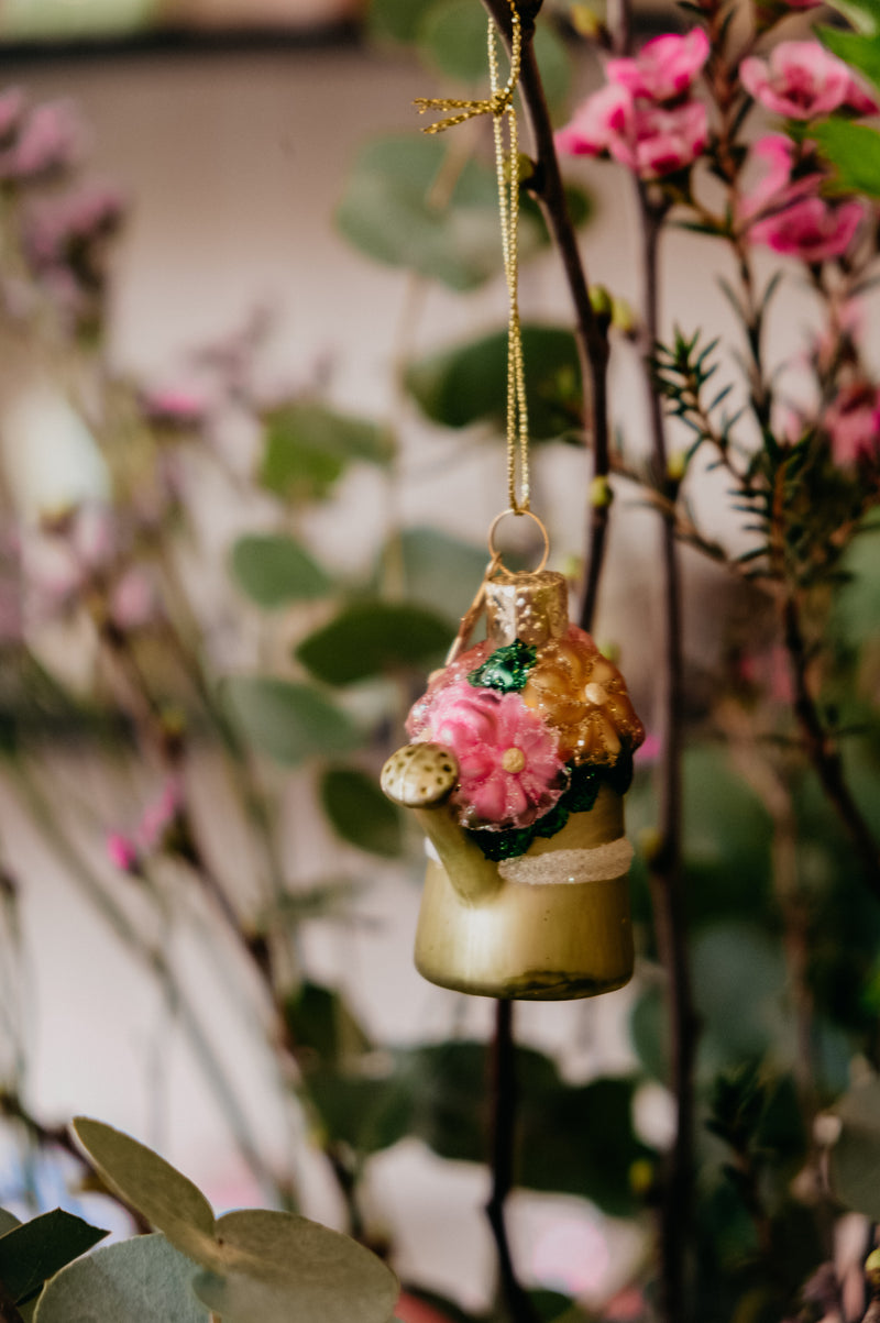 Flower Watering Can Glass Easter Decor Ornament