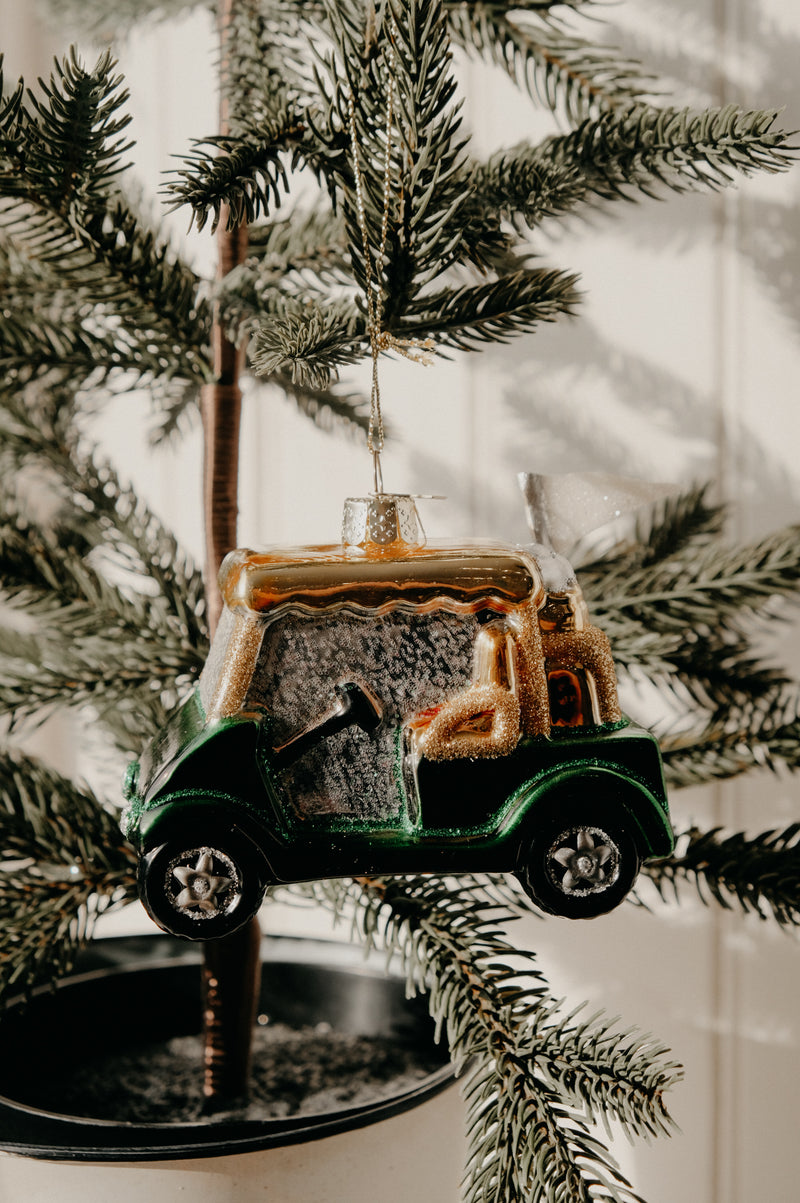 Sabrina Green Glass Golf Cart Glitter Christmas Bauble Ornament