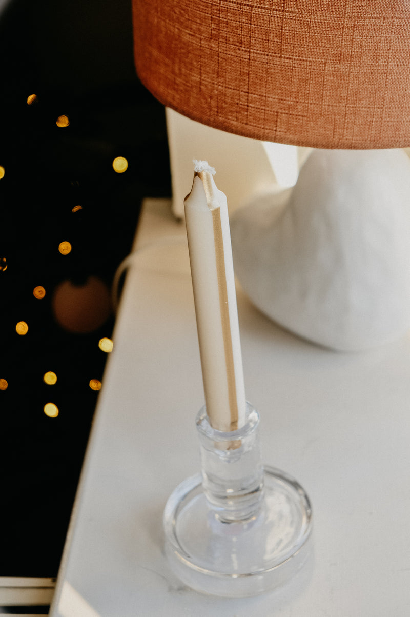 White and Gold Stripe Twisted Pillar Candle