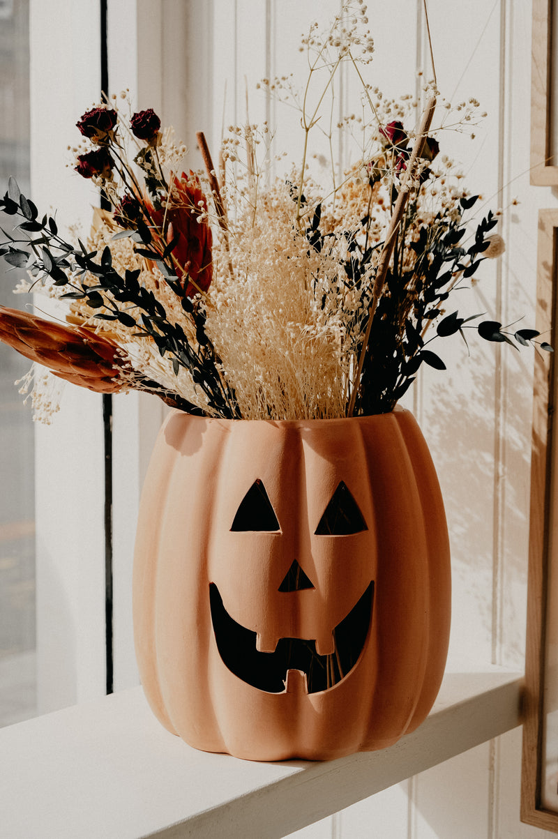 Sammi XL Terracotta Pumpkin Jack-o-Lantern Plant Pot / Candle Holder Autumn Halloween