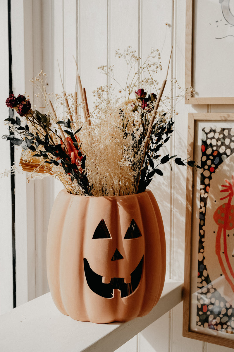 Sammi XL Terracotta Pumpkin Jack-o-Lantern Plant Pot / Candle Holder Autumn Halloween