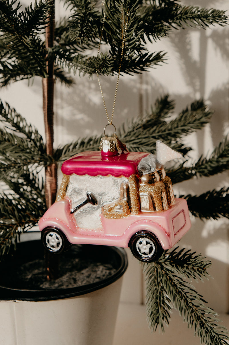 Sabrina Pink Glass Golf Cart Glitter Christmas Bauble Ornament