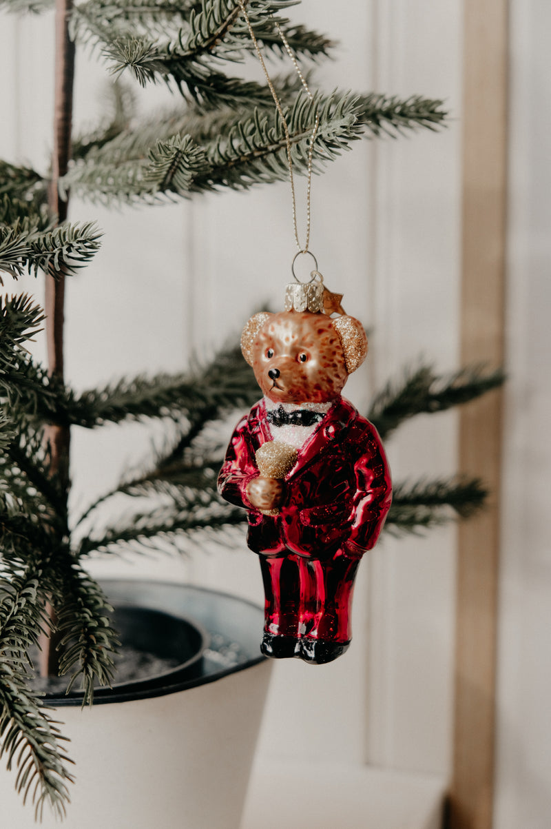 Baxter Bear Red Glitter Christmas Bauble Ornament