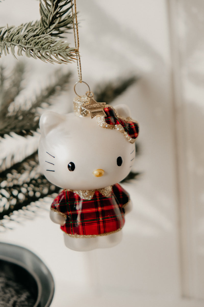 Hello Kitty Scottish Tartan Dress Gitter Glass Christmas Tree Bauble Ornament