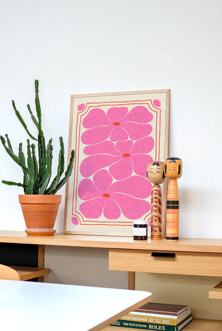 Nostalgic Retro 70s Pink Flower Print 50cm x 70cm