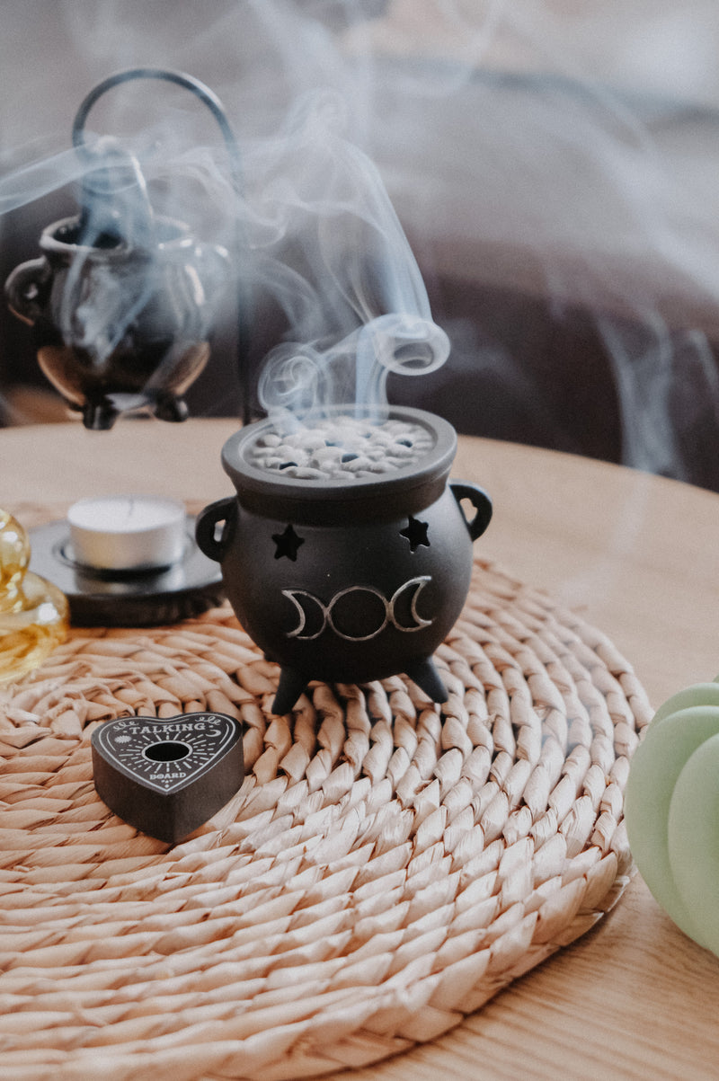 Bubbling Brew Moon Halloween Cauldron Incense Cone Holder - comes with 2 incense cones