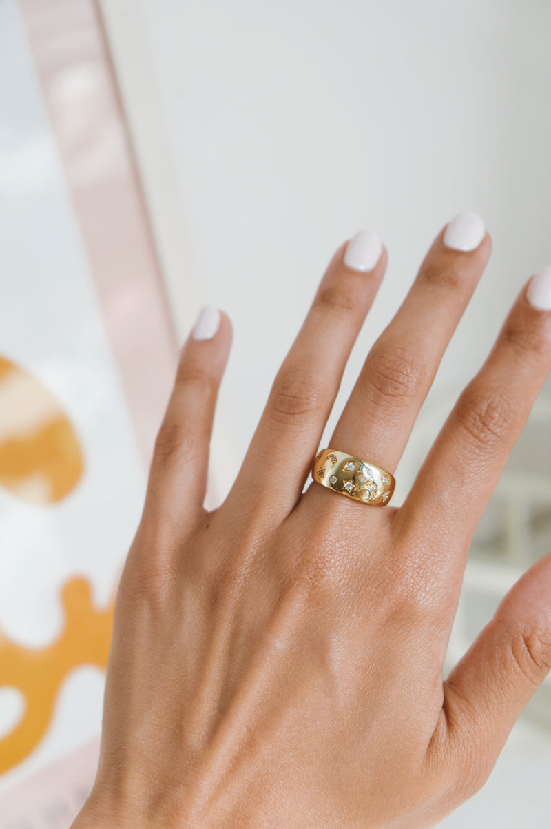 Zarah Moon And Stars Celestial Gold And Diamante Dome Ring