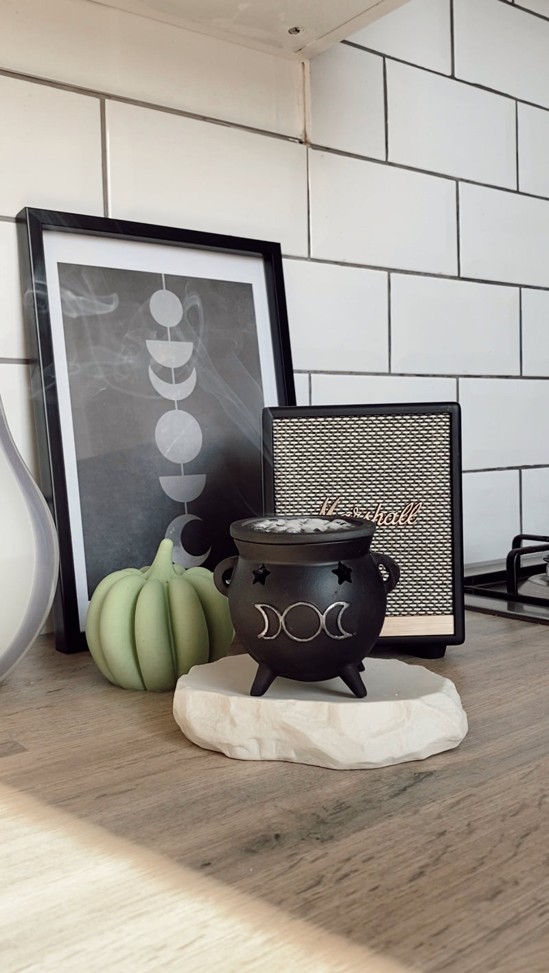 Bubbling Brew Moon Halloween Cauldron Incense Cone Holder - comes with 2 incense cones