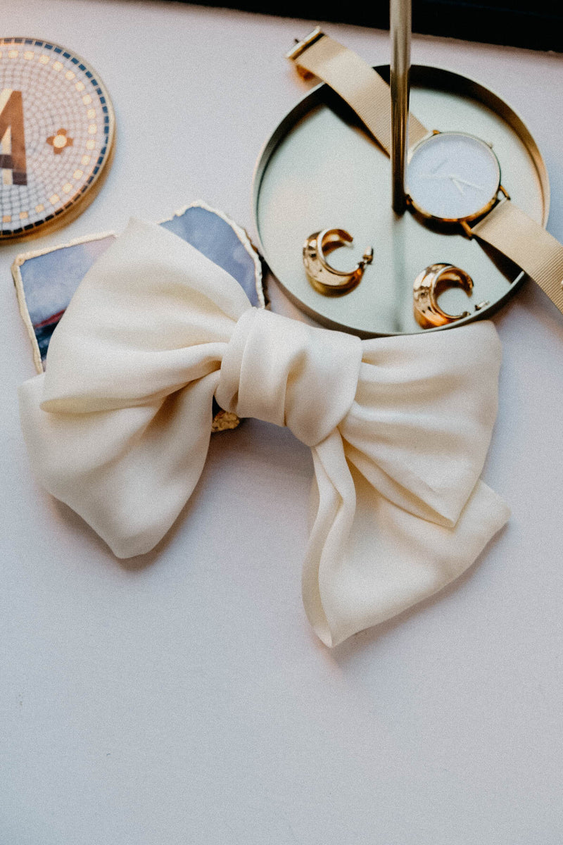 Brie White Satin Big Bow Hair Clip Barrette
