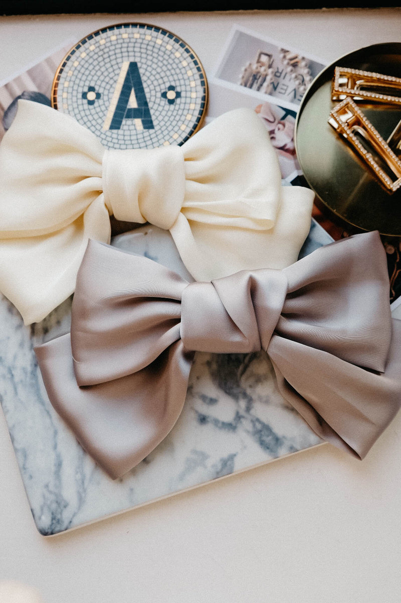 Brie Grey Silver Satin Big Bow Hair Clip Barrette