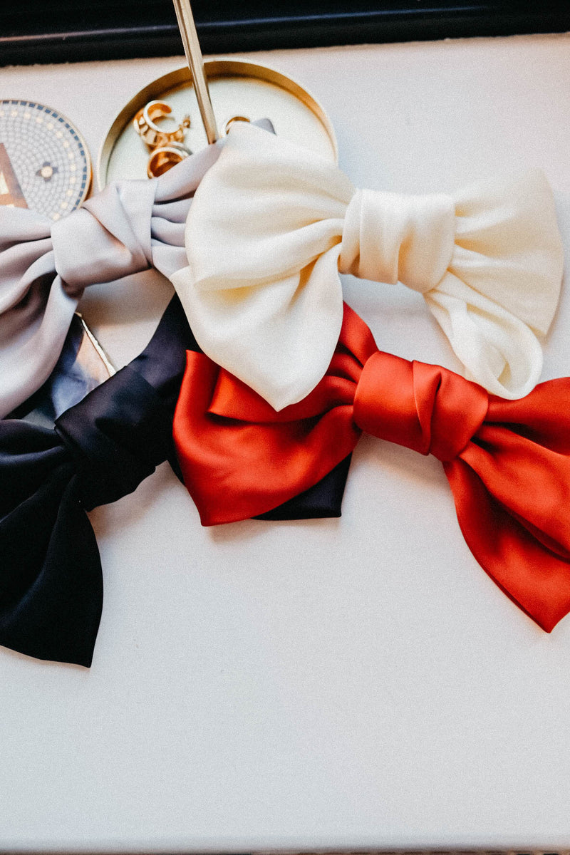 Brie Grey Silver Satin Big Bow Hair Clip Barrette