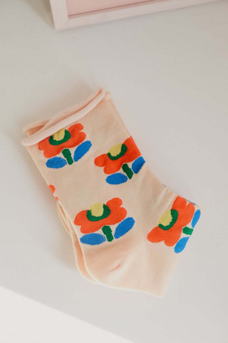 Ray Cream Tulip Flower Floral Ankle Socks