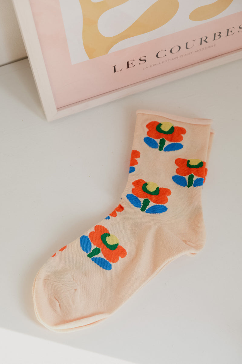Ray Cream Tulip Flower Floral Ankle Socks