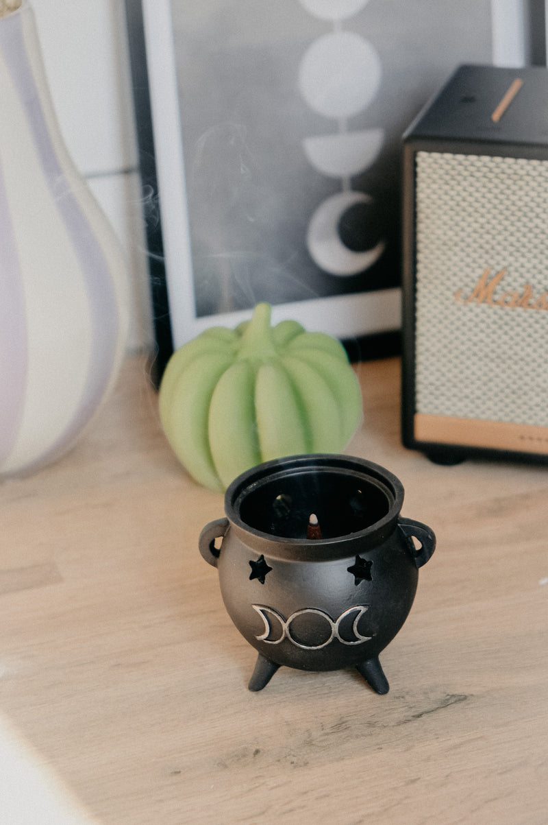 Bubbling Brew Moon Halloween Cauldron Incense Cone Holder - comes with 2 incense cones