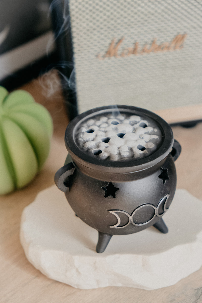 Bubbling Brew Moon Halloween Cauldron Incense Cone Holder - comes with 2 incense cones