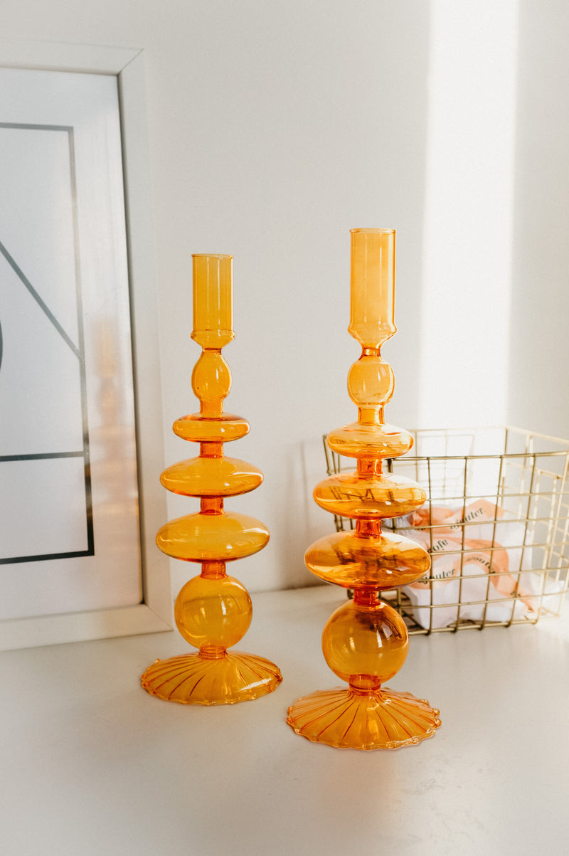 Mia 70s Vintage Style  Tablescape Glass Candle Holder - Orange, Pink and Green