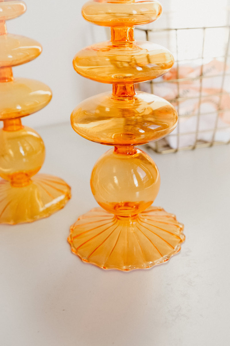 Mia 70s Vintage Style  Tablescape Glass Candle Holder - Orange, Pink and Green