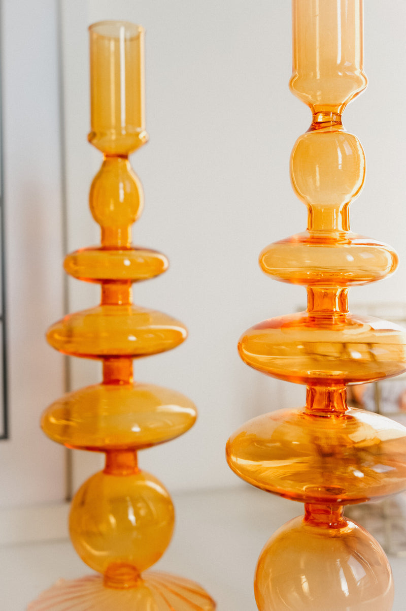 Mia 70s Vintage Style  Tablescape Glass Candle Holder - Orange, Pink and Green