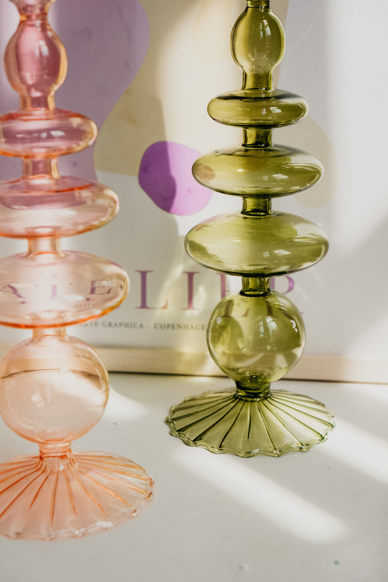 Mia 70s Vintage Style  Tablescape Glass Candle Holder - Orange, Pink and Green