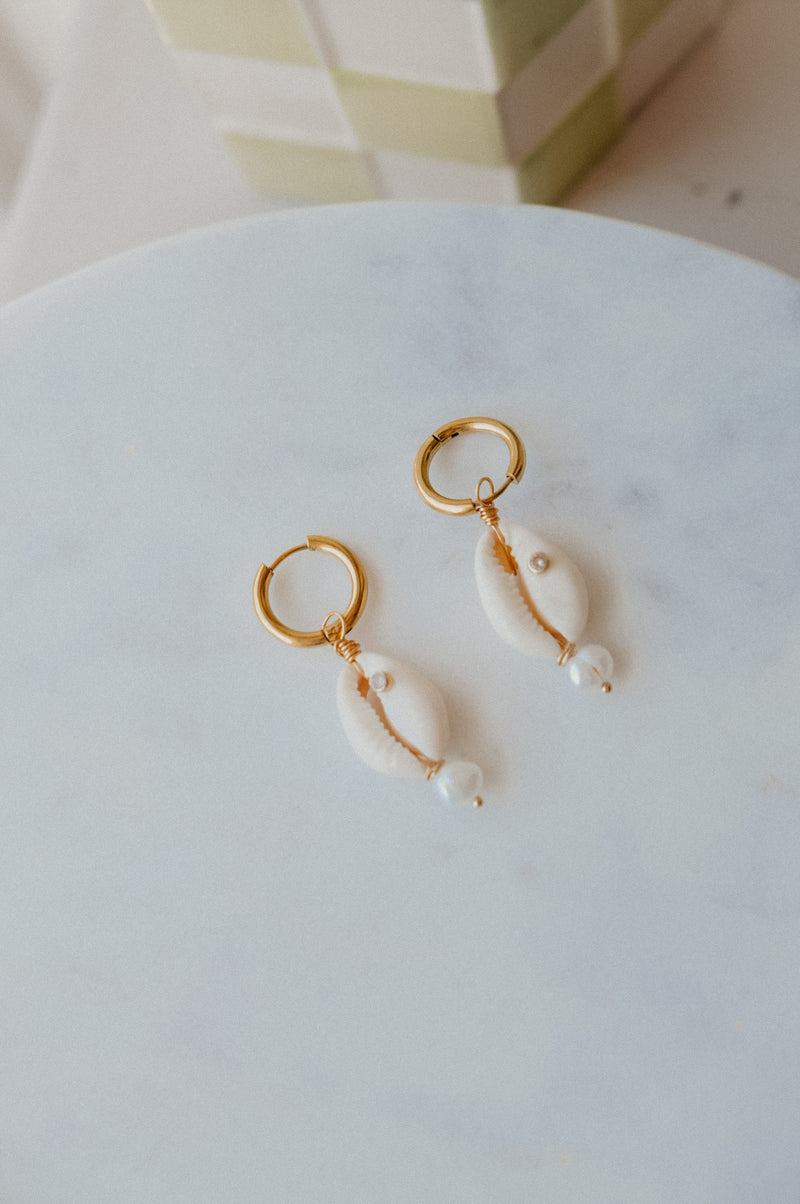 Eevi Shell and Pearl Diamante Gold Hoop Earrings