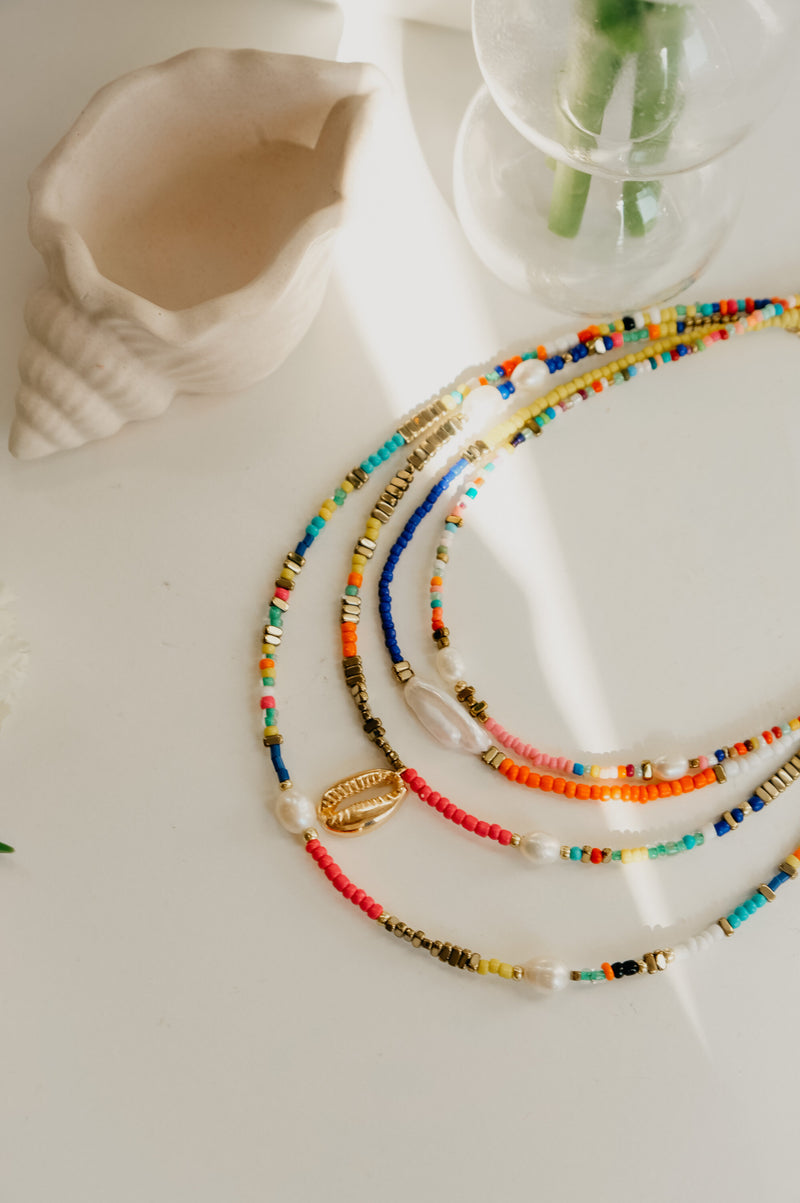 Ming 90s Style Pearl Beaded Coloured Layering Necklace Set of 4
