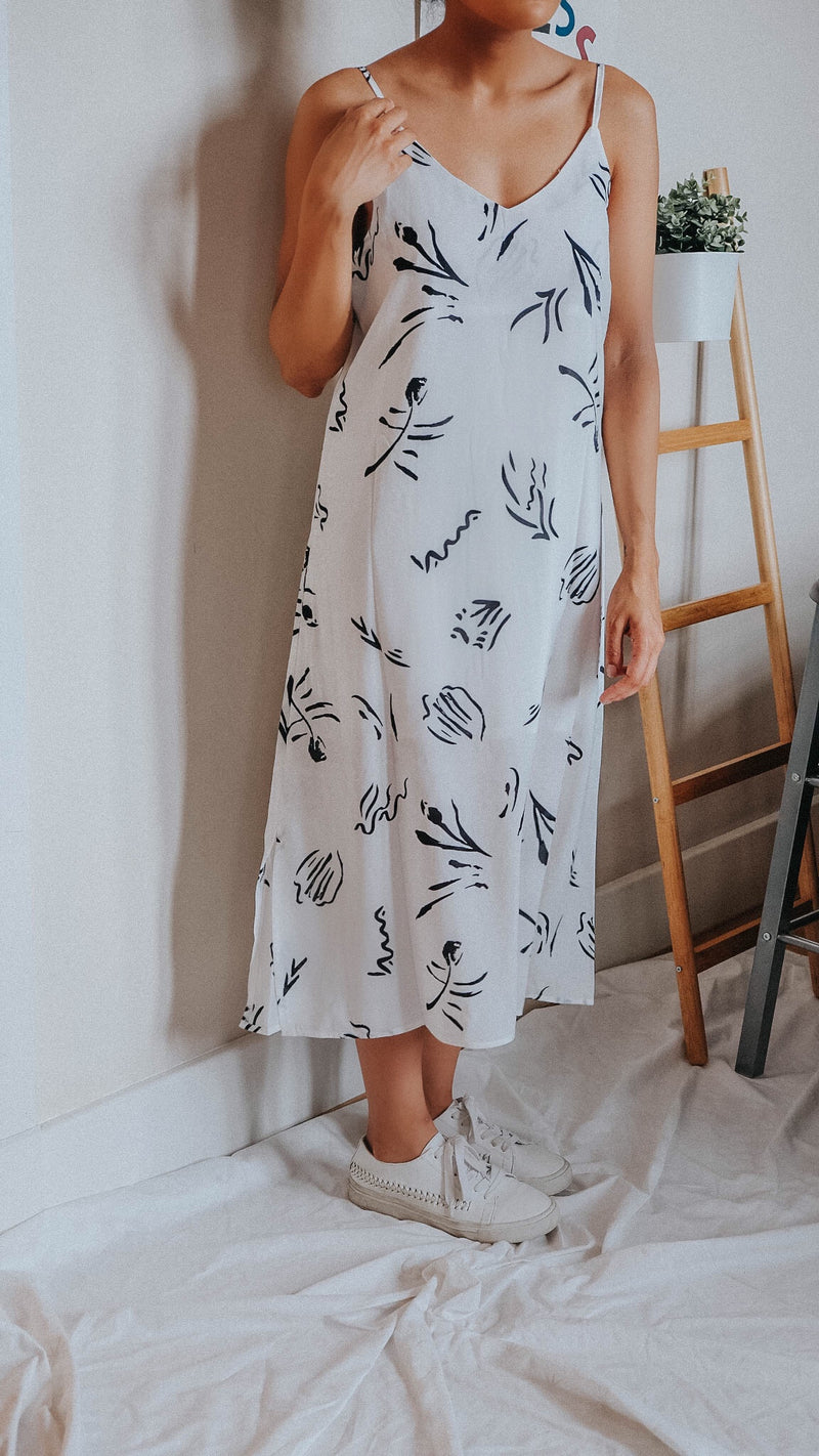 Harley White Minimal Floral Print 90s Style Slip Cami Dress