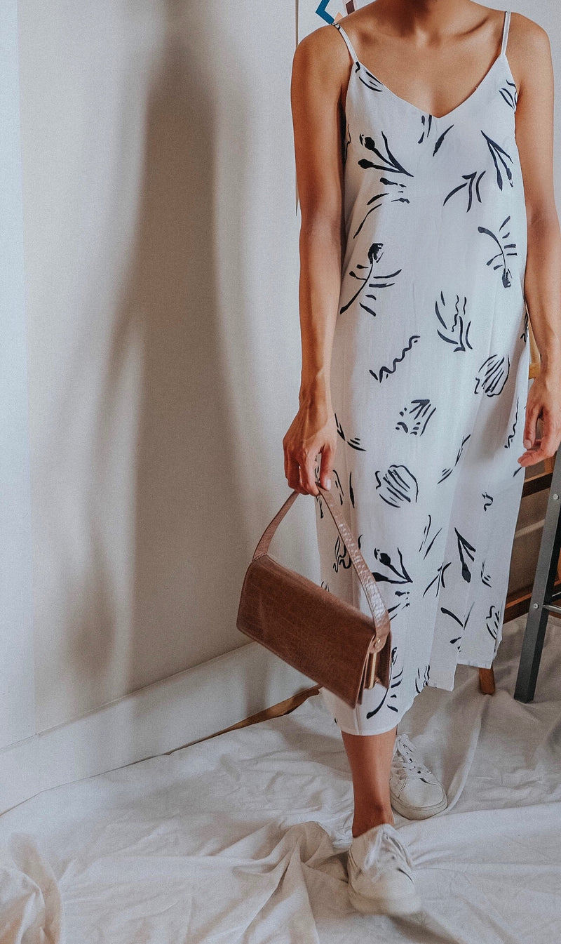 Harley White Minimal Floral Print 90s Style Slip Cami Dress