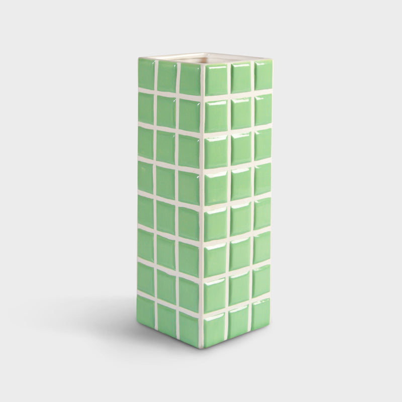 Asha Mint Green Ceramic Checkered Tiled Flower Vase