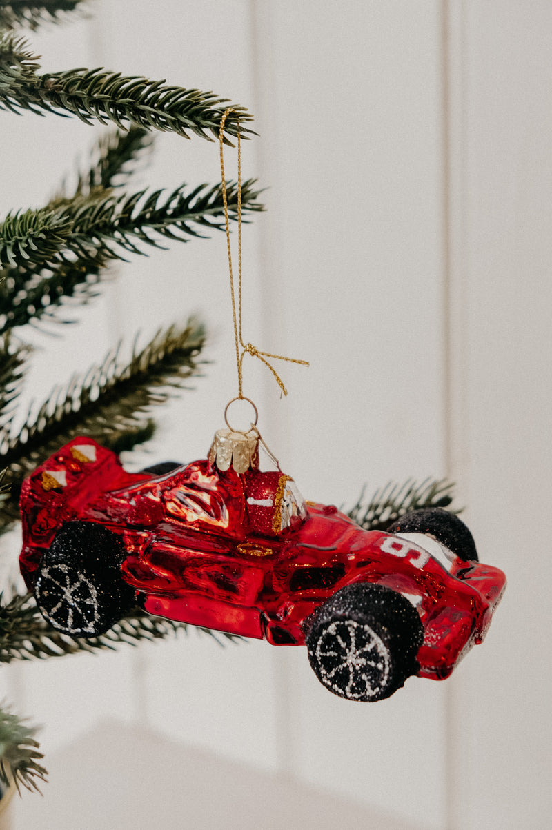 F1 Formula One Red Race Car Glitter Glass Christmas Tree Bauble Ornament