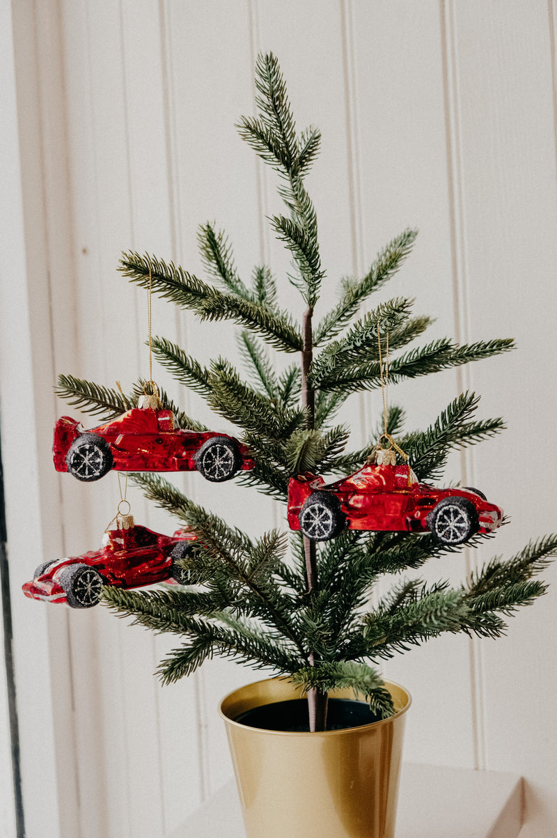 F1 Formula One Red Race Car Glitter Glass Christmas Tree Bauble Ornament