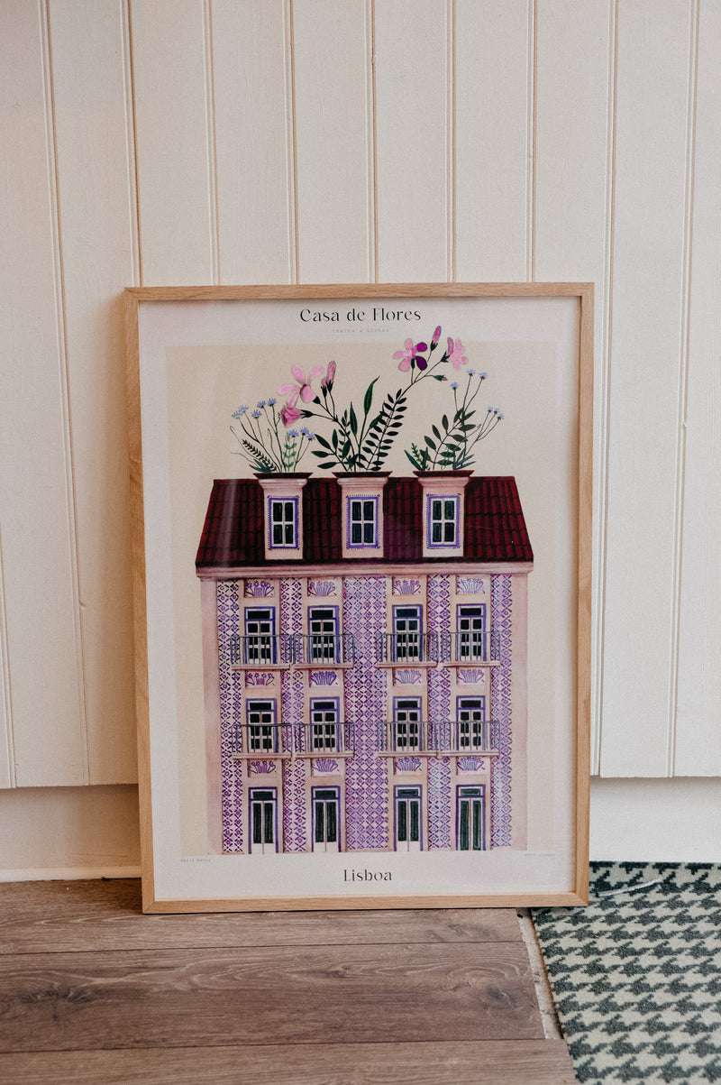 Lisbon Purple Flower Houses Artwork 50cm x 70cm
