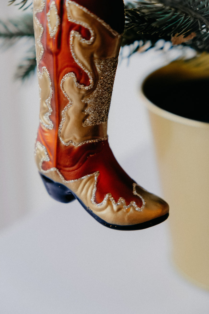Hayley Cowboy Boot Classic Glitter Glass Christmas Tree Bauble