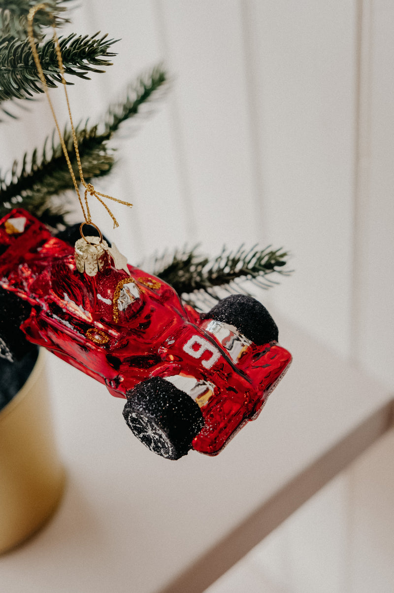 F1 Formula One Red Race Car Glitter Glass Christmas Tree Bauble Ornament