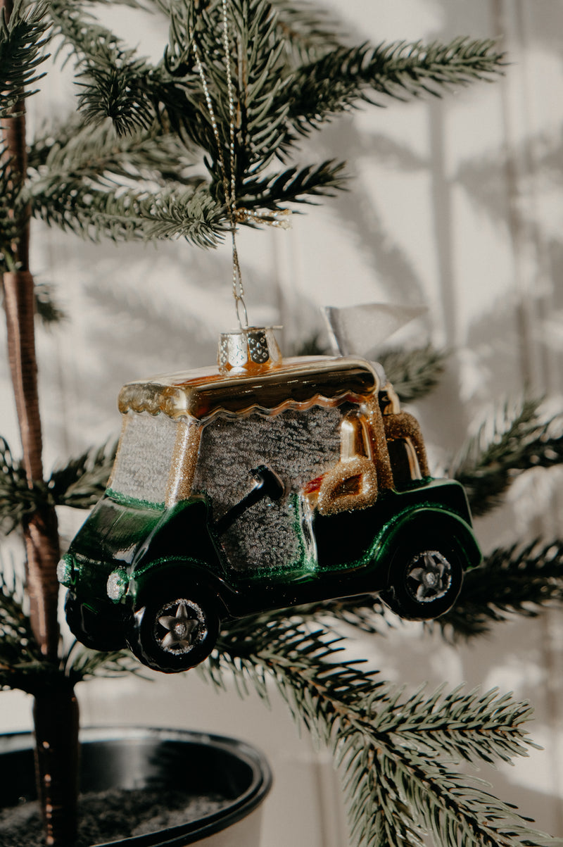 Sabrina Green Glass Golf Cart Glitter Christmas Bauble Ornament