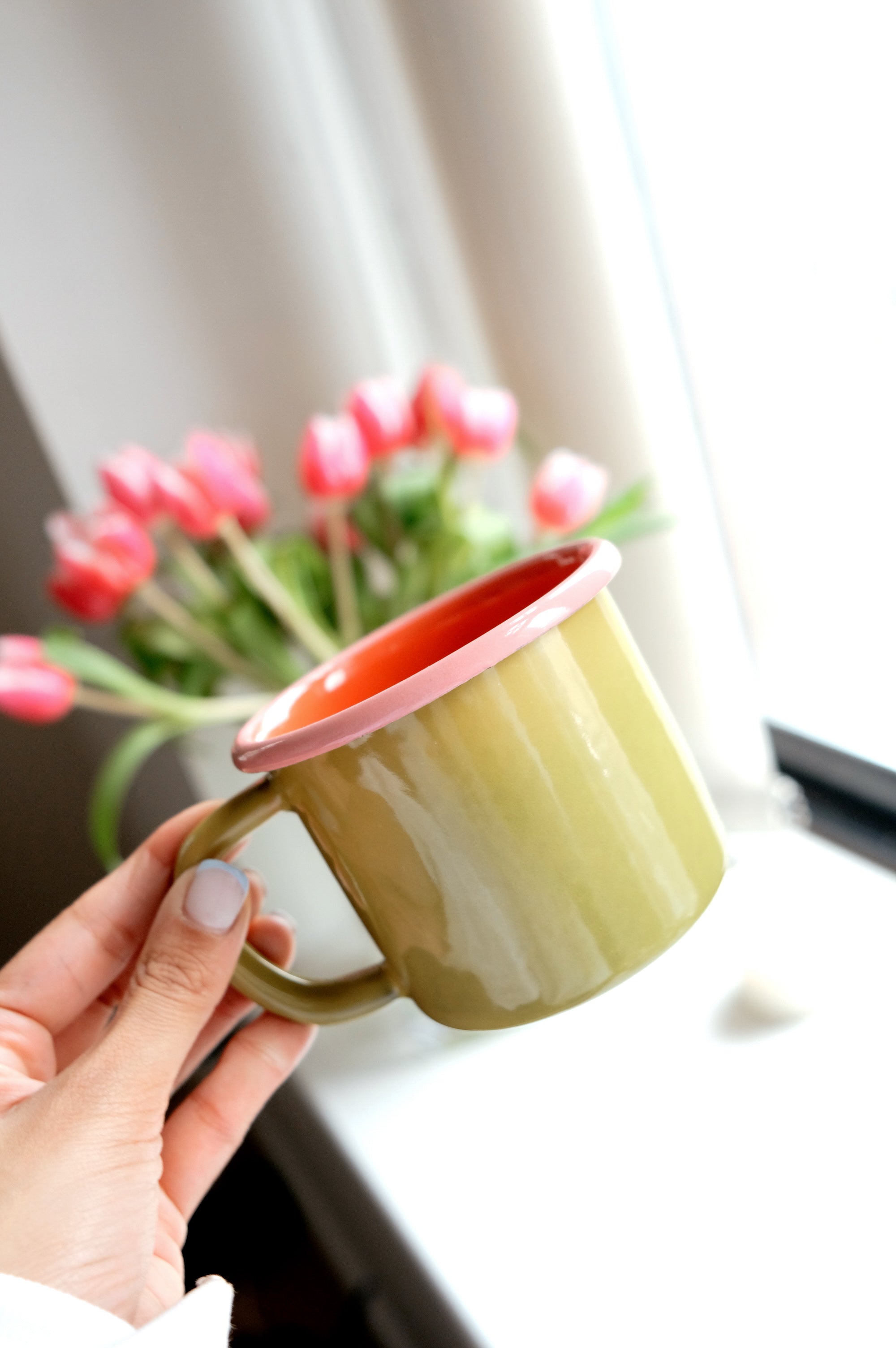 Matilda Olive Green and Pink Trim Enamel Coffee Mug