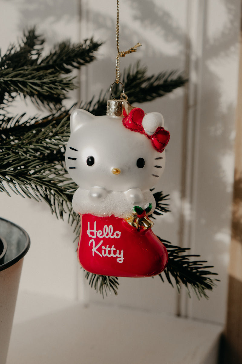 Hello Kitty Stocking Metallic and Glitter Glass Christmas Tree Bauble Ornament