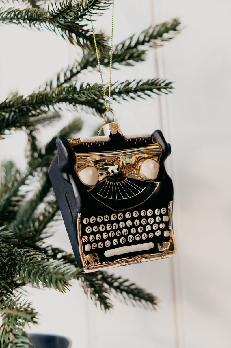 Tortured Typewriter Black and Gold Glitter Glass Christmas Tree Bauble