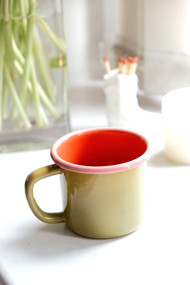 Matilda Olive Green and Pink Trim Enamel Coffee Mug