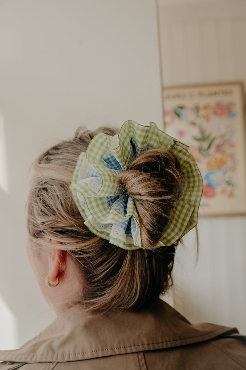 Frankie XL Blue Gingham and Green Trim Scrunchie