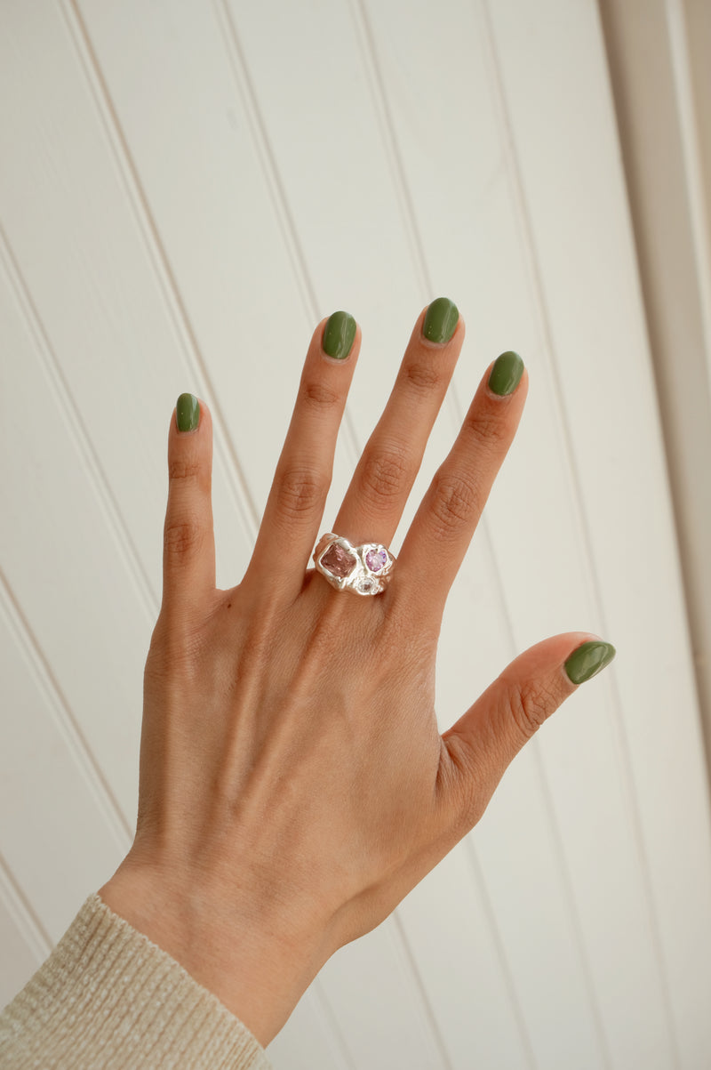 Harriet Silver Chunky Hammered Colourful Jewel Ring