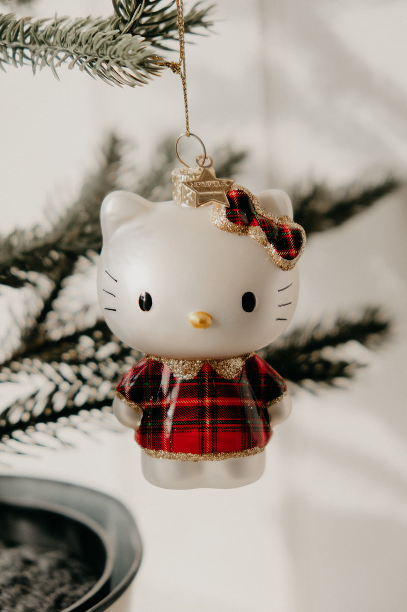 Hello Kitty Scottish Tartan Dress Gitter Glass Christmas Tree Bauble Ornament