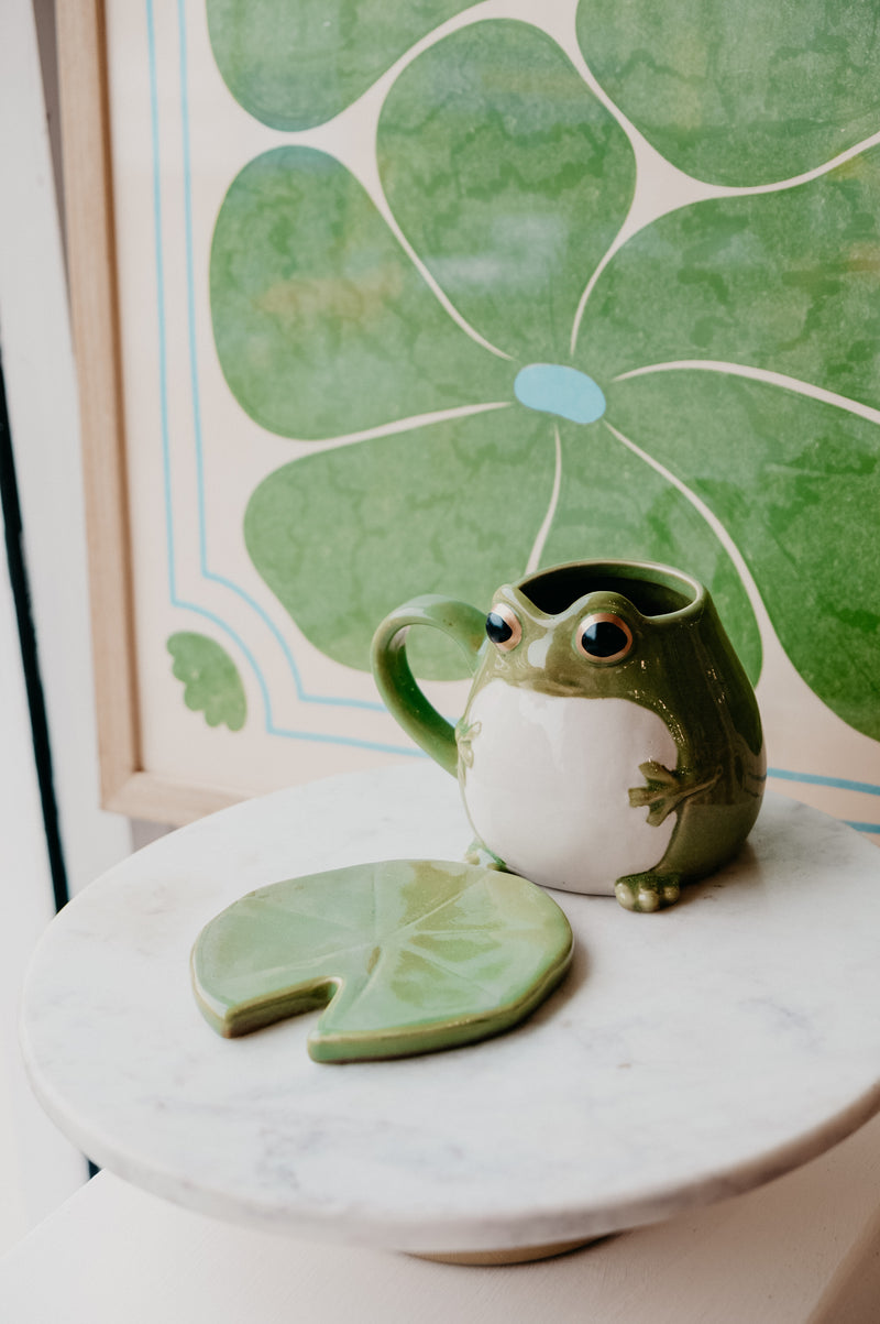 Cottagecore Frog Mug with Lily Pad Coaster