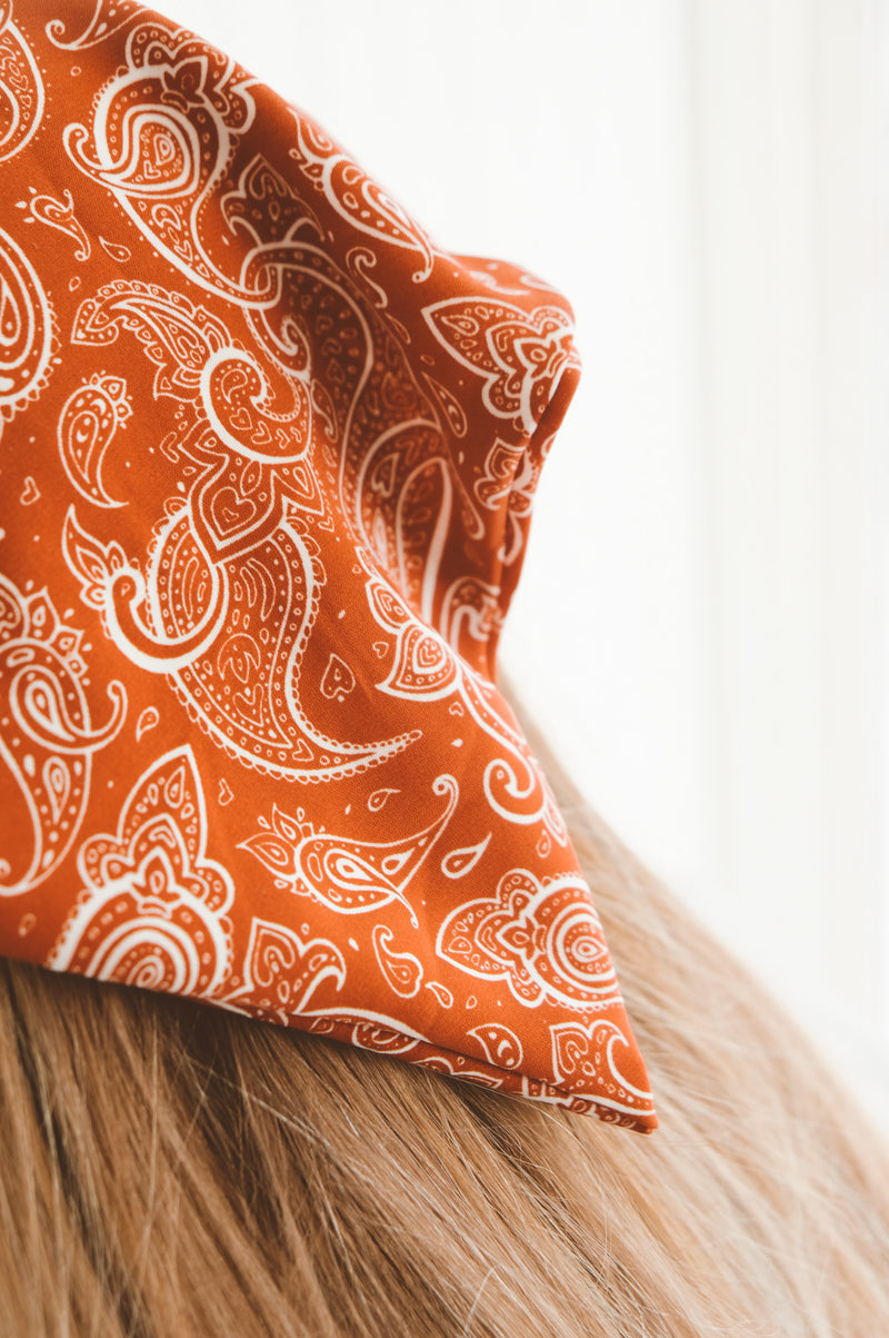 Tayla Burnt Orange Paisley No-Tie Bandanna Scarf