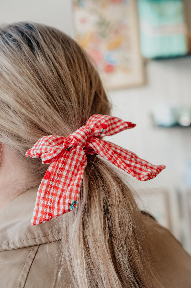 Hazel Red Gingham Cherry Bow Scrunchie