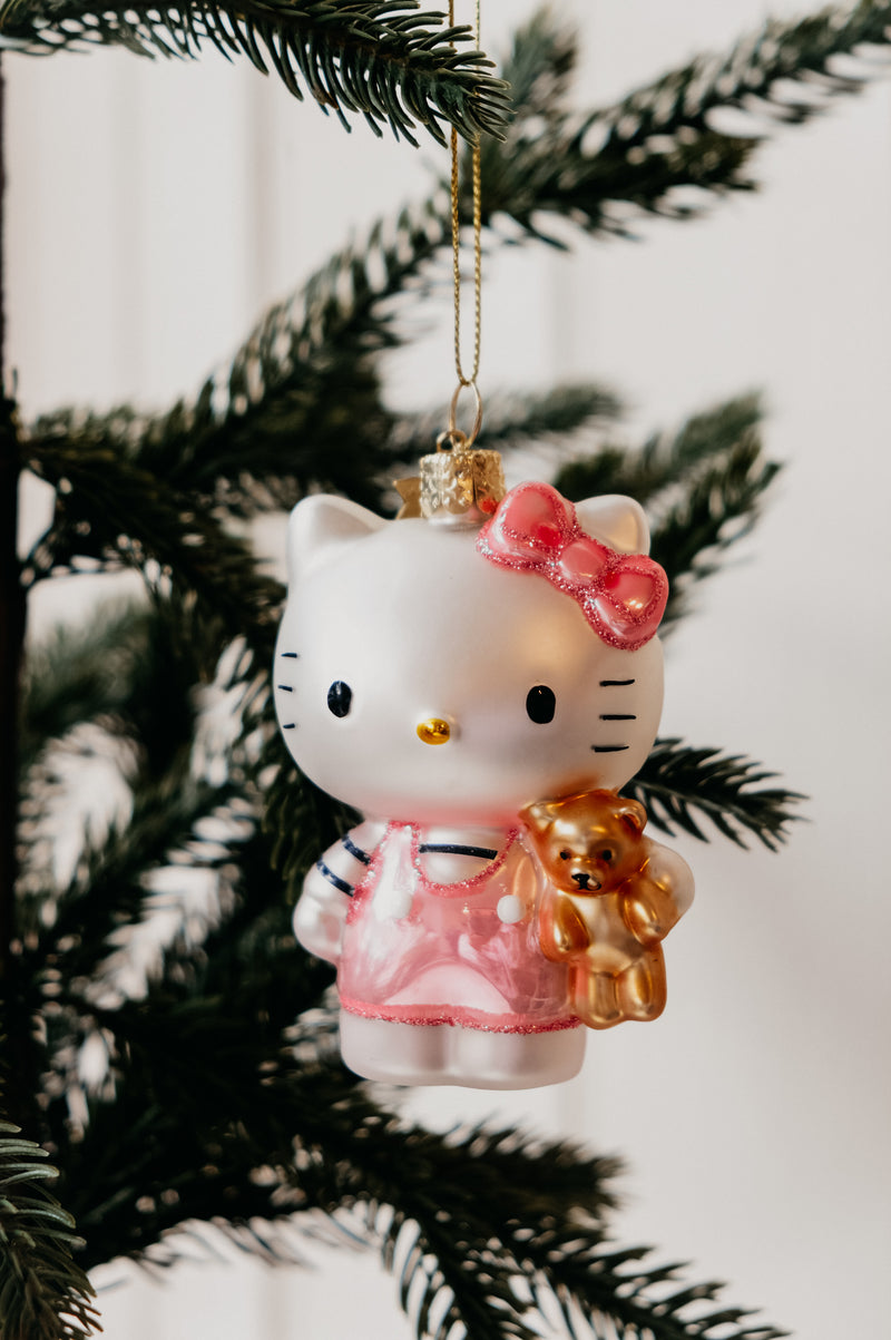 Hello Kitty Pink Dress and Bear Metallic and Glitter Glass Christmas Tree Bauble Ornament
